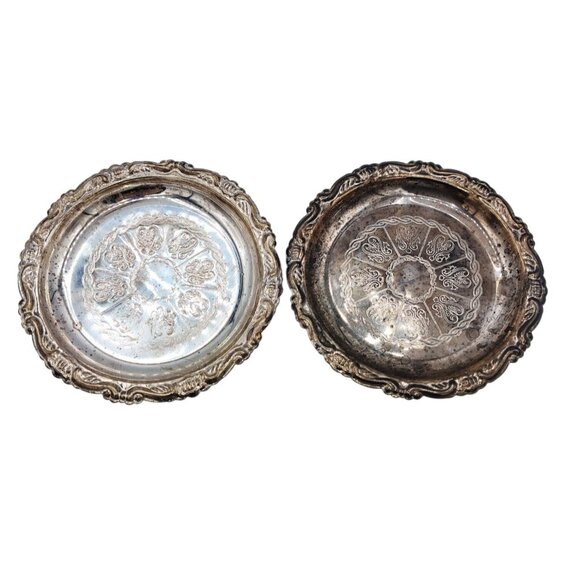 Coasters Silver Plate Ep On Steel Vintage Italy 4 Inch Trinket Tray Small Pair - Picture 1 of 15